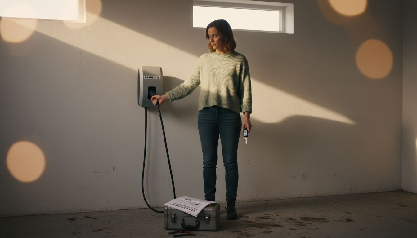 Een vrouw pakt de laadkabel bij een eenrichtingslaadpaal.