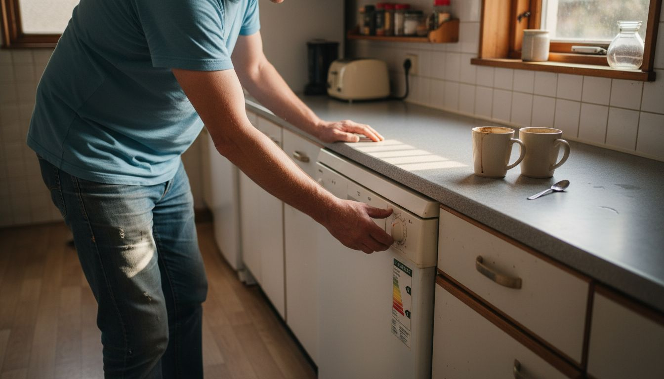 Een man bekijkt het energielabel van zijn keukenapparatuur.