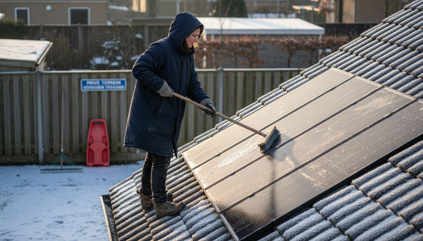 Een vrouw maakt haar zonnepanelen schoon met een zachte borstel.
