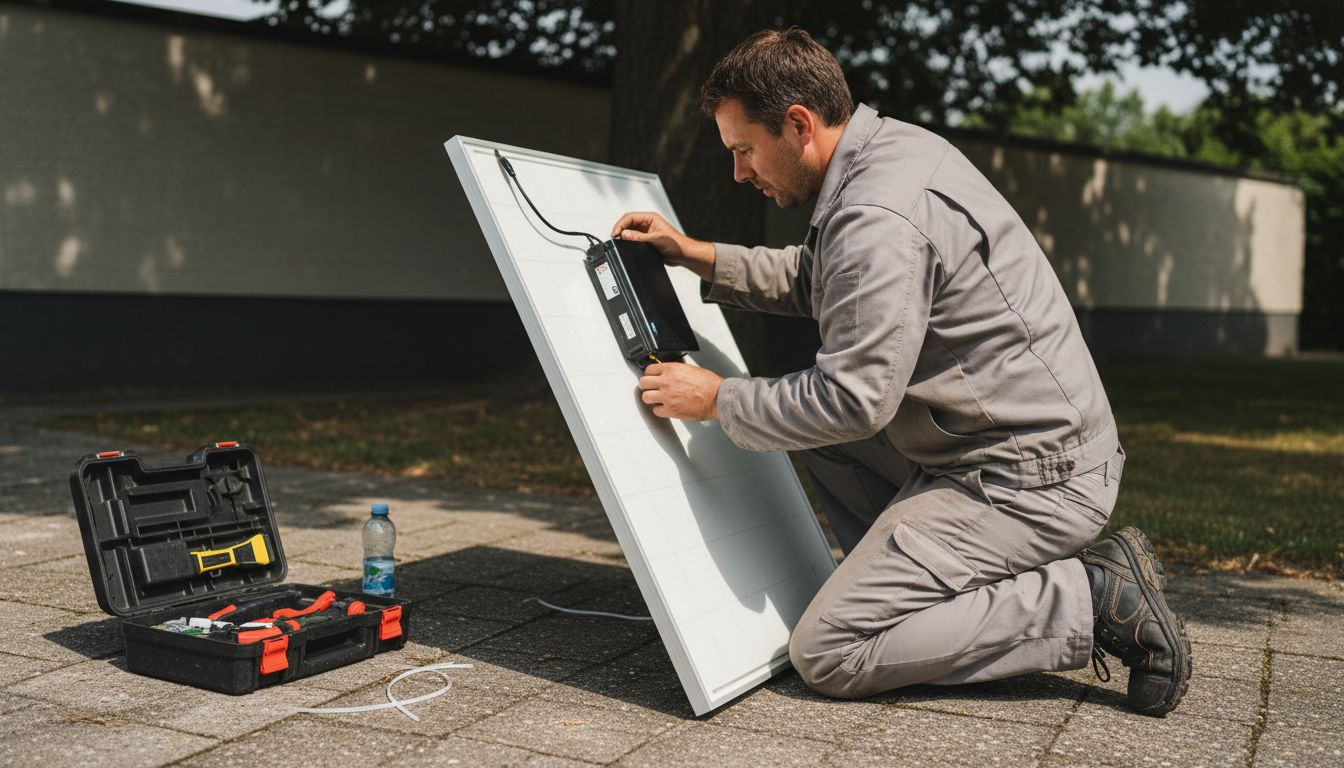 Een installateur plaatst buiten een micro-omvormer.