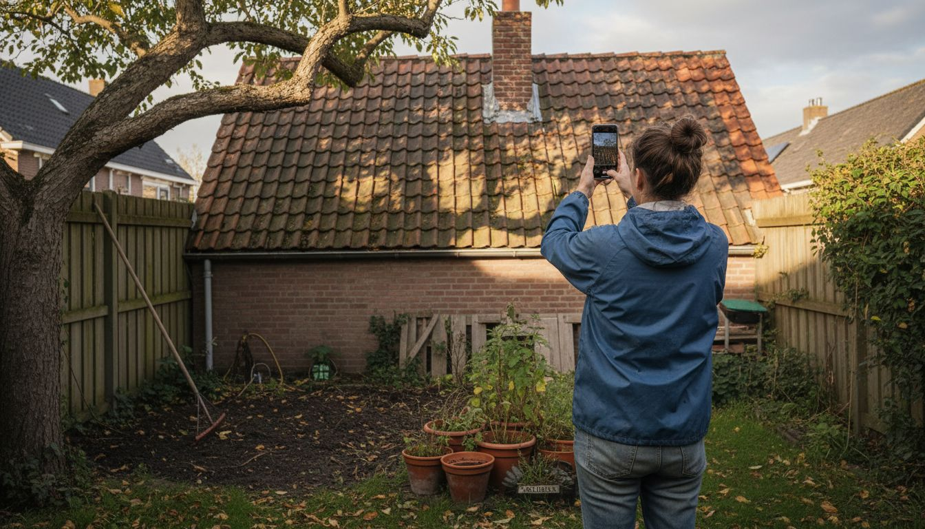 Een vrouw bekijkt haar dak aandachtig om te controleren of er genoeg zonlicht is en of er geen dingen in de weg staan.