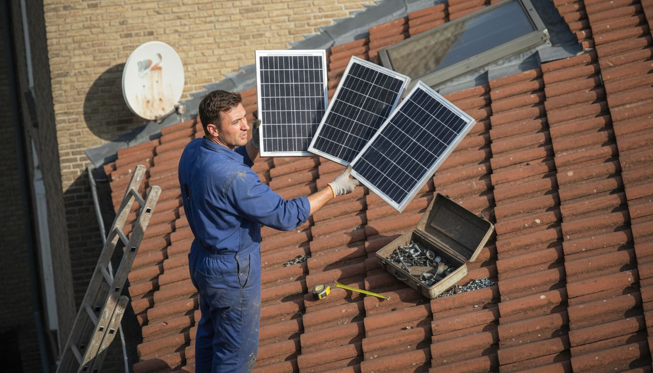Een installateur laat op het dak verschillende soorten zonnepanelen zien.
