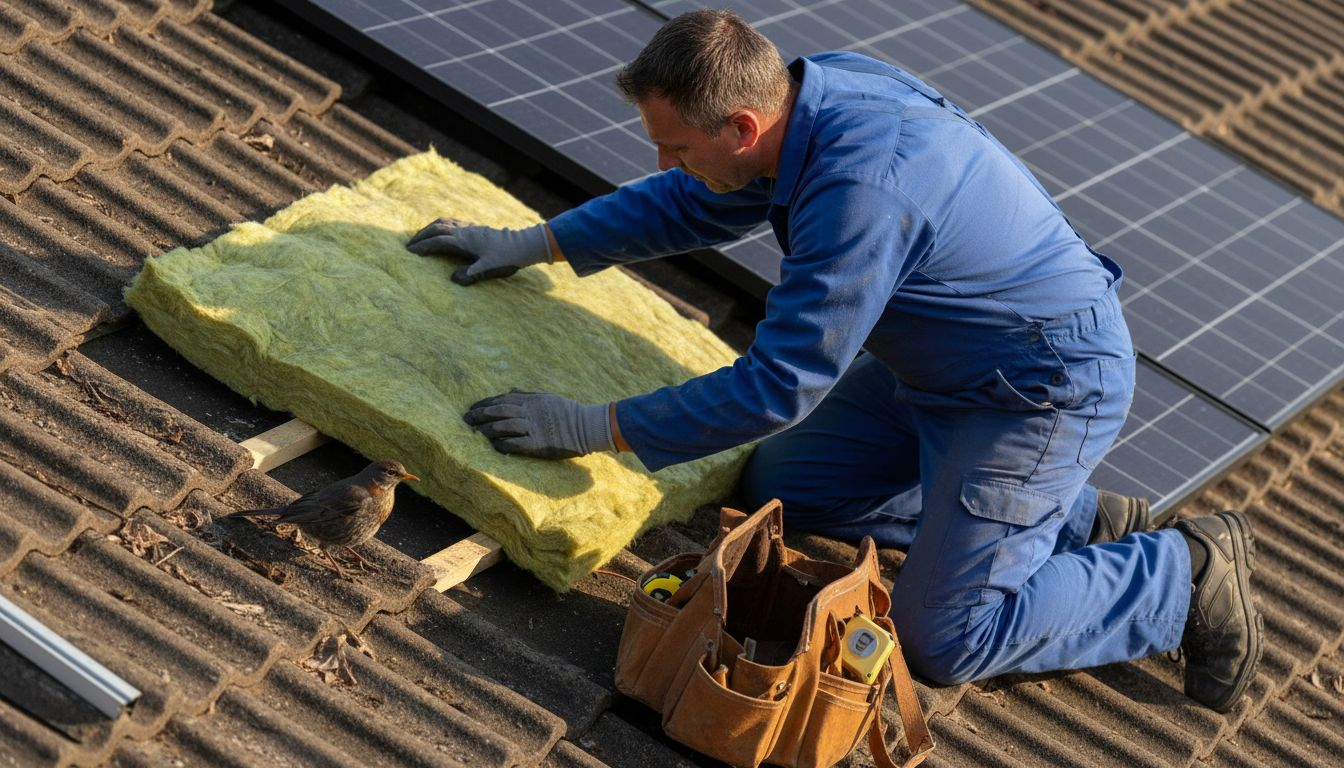 Een vakman brengt dakisolatie aan rondom de zonnepanelen.