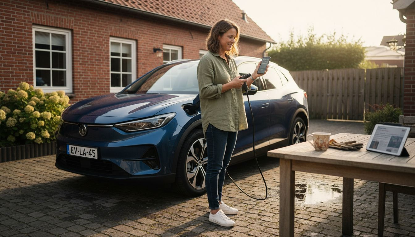 Een vrouw sluit haar elektrische auto thuis aan op de lader.