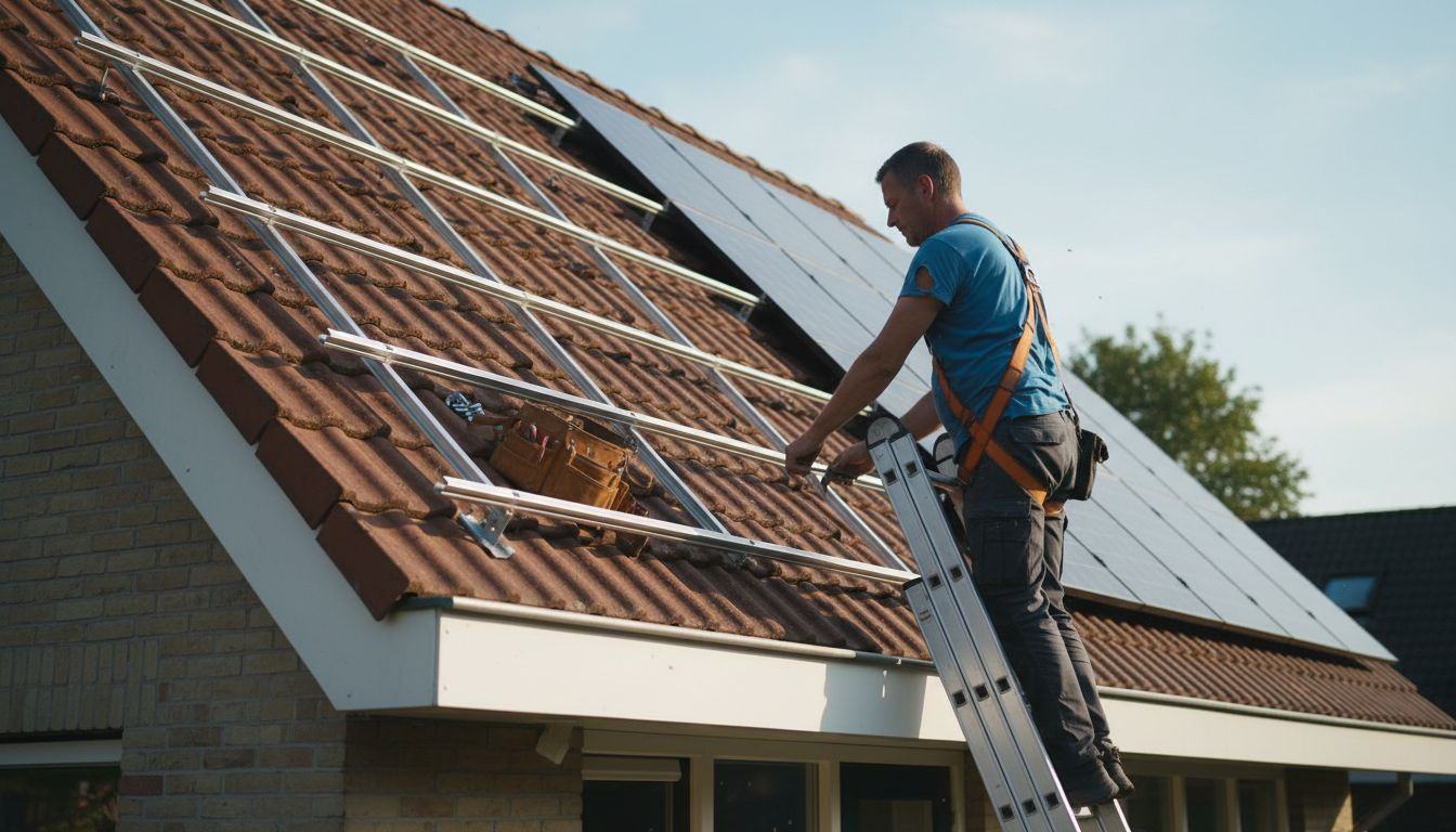 De installateur bevestigt het montagesysteem van de zonnepanelen stevig op het dak.