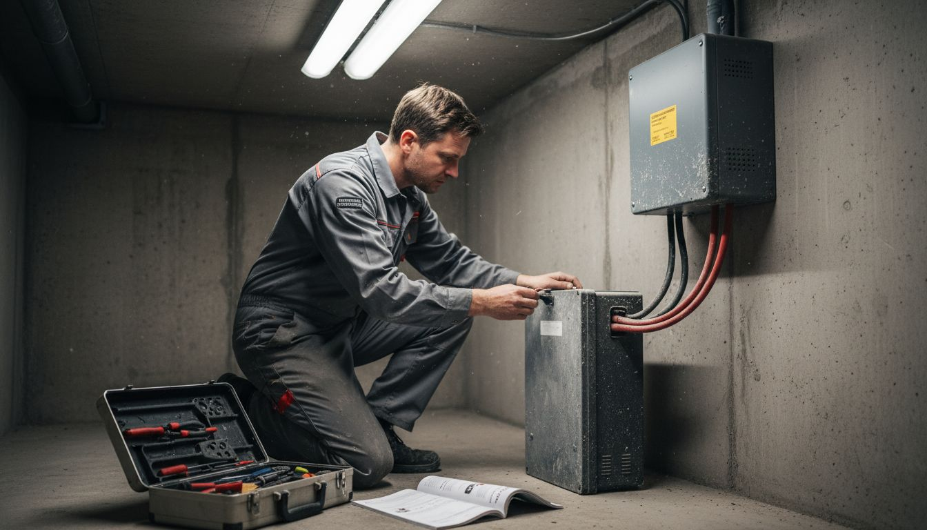 De installateur sluit de batterij aan op de omvormer.