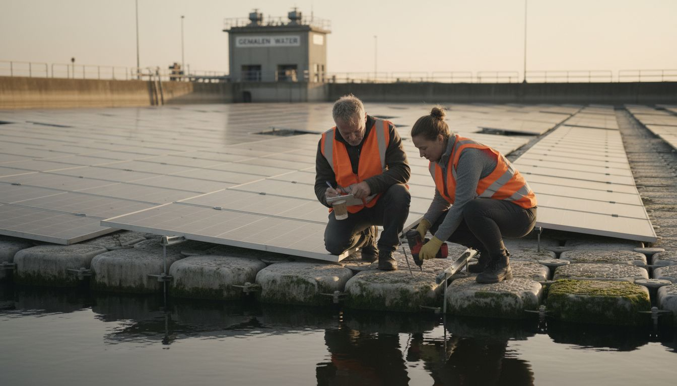 Ingenieurs inspecteren zonnepanelen die drijven op industrieel water.