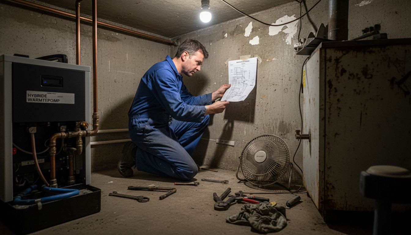 Een monteur plaatst een hybride warmtepomp in de kelder.
