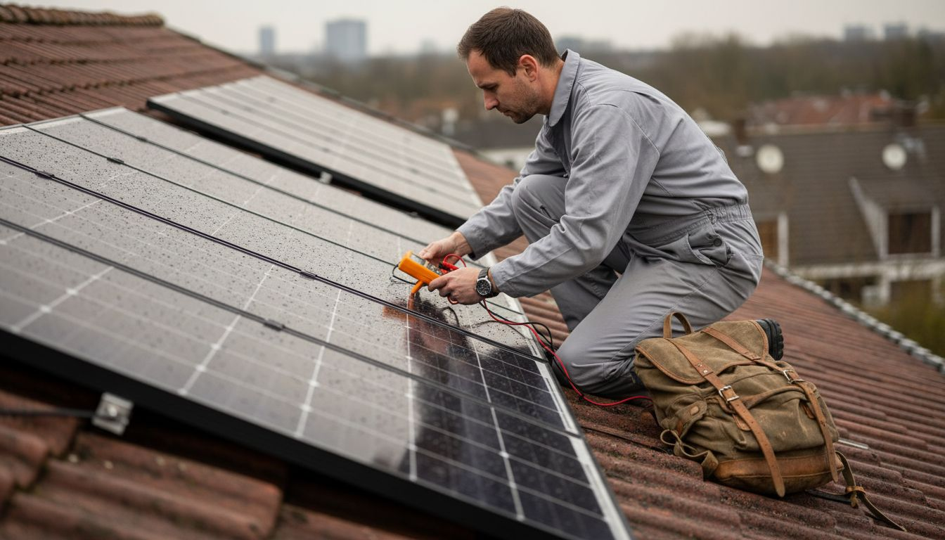 Een installateur controleert het rendement van de zonnepanelen op het dak.