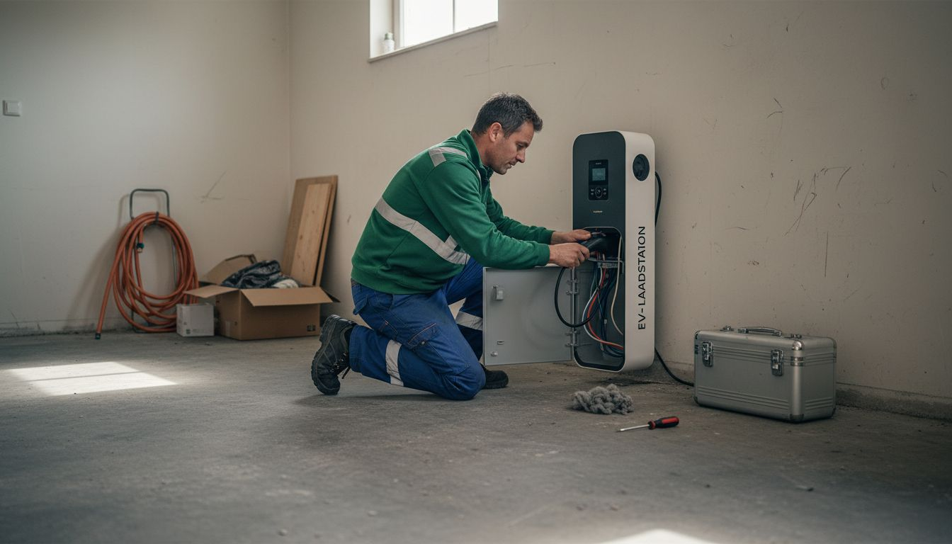 Een vakman plaatst een laadpunt voor elektrische auto's in de garage.