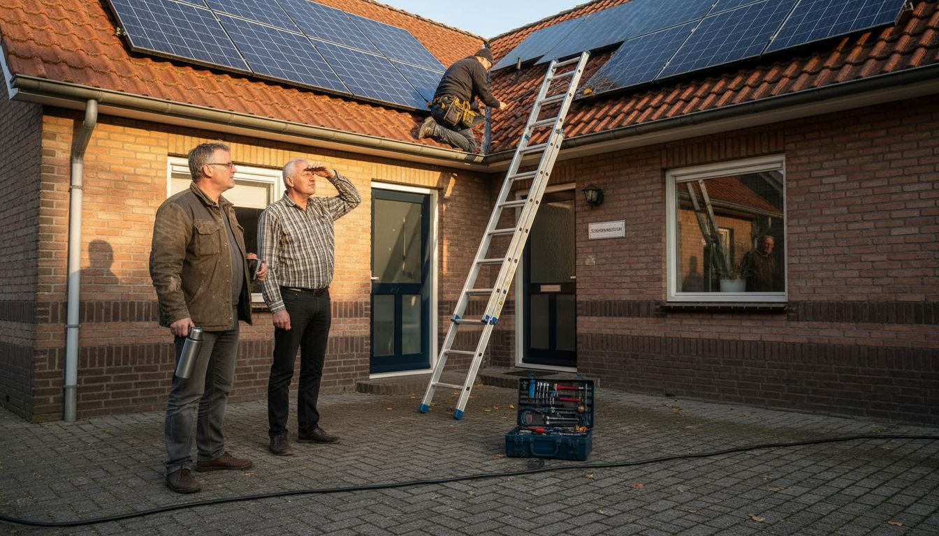 Nieuwsgierige buren kijken toe terwijl er zonnepanelen op het dak worden geplaatst.