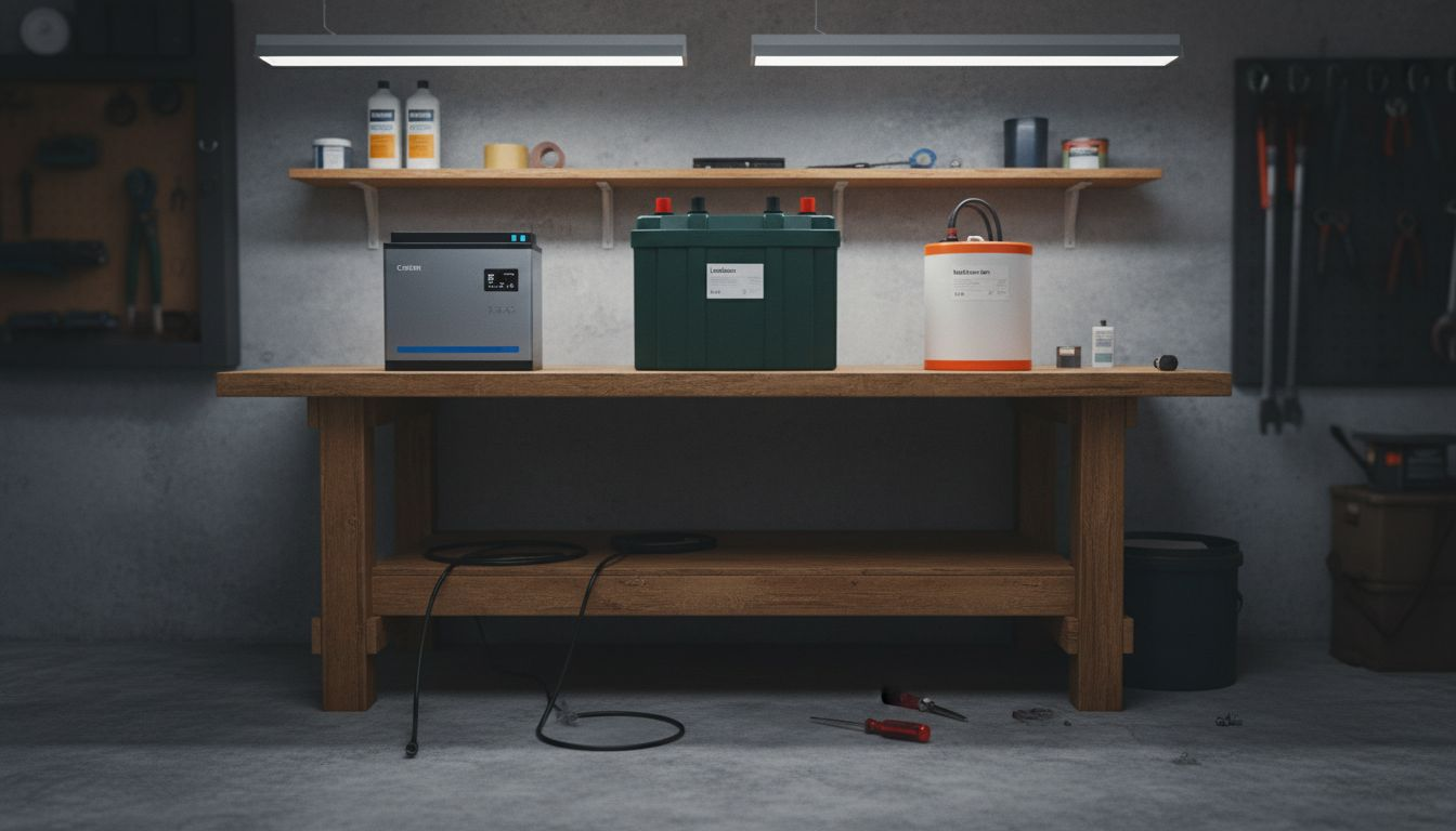 Verschillende thuisbatterijen uitgestald op de werkbank in de garage