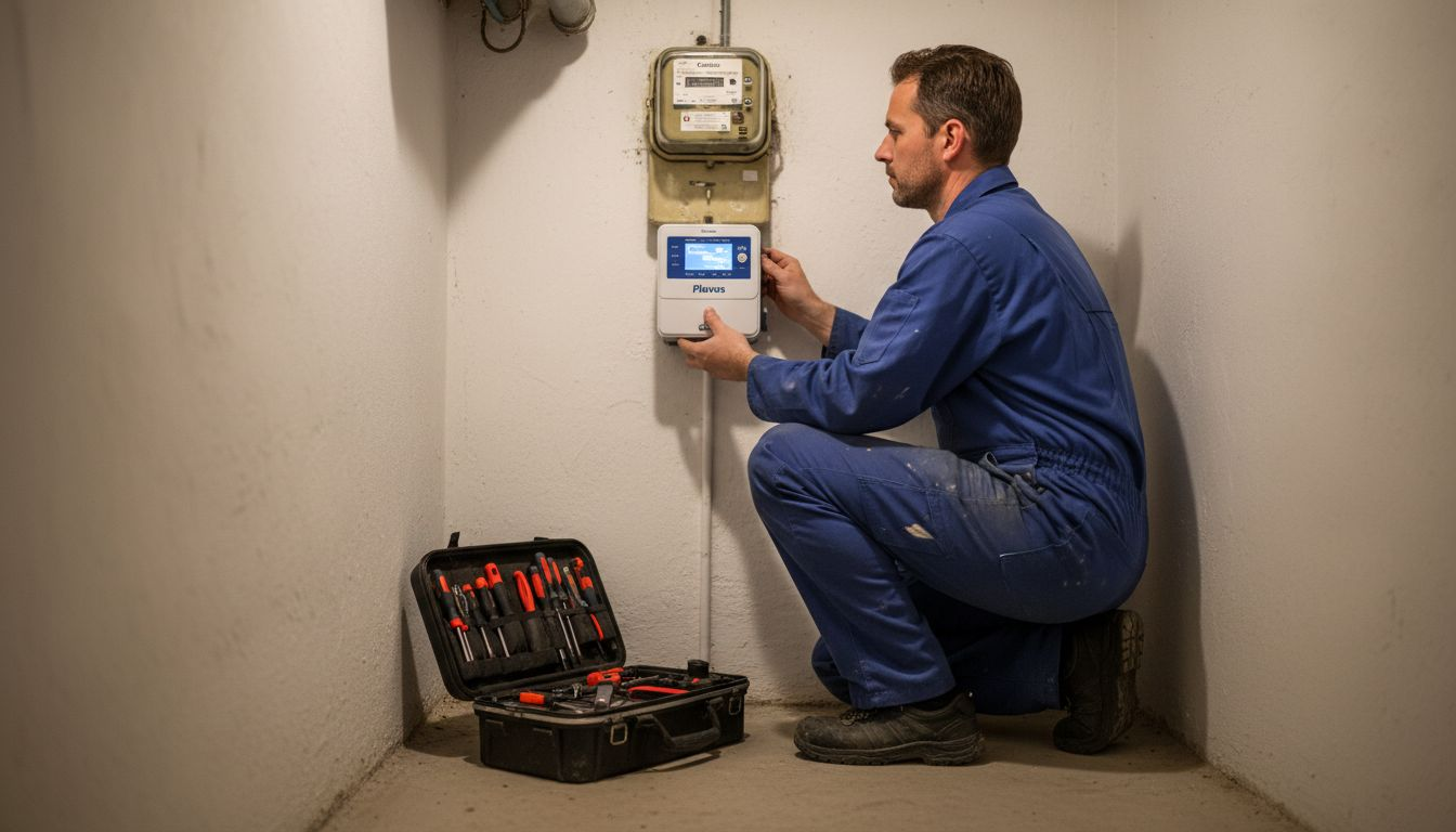 Een installateur is bezig met het plaatsen van een digitale meter in de kelder.