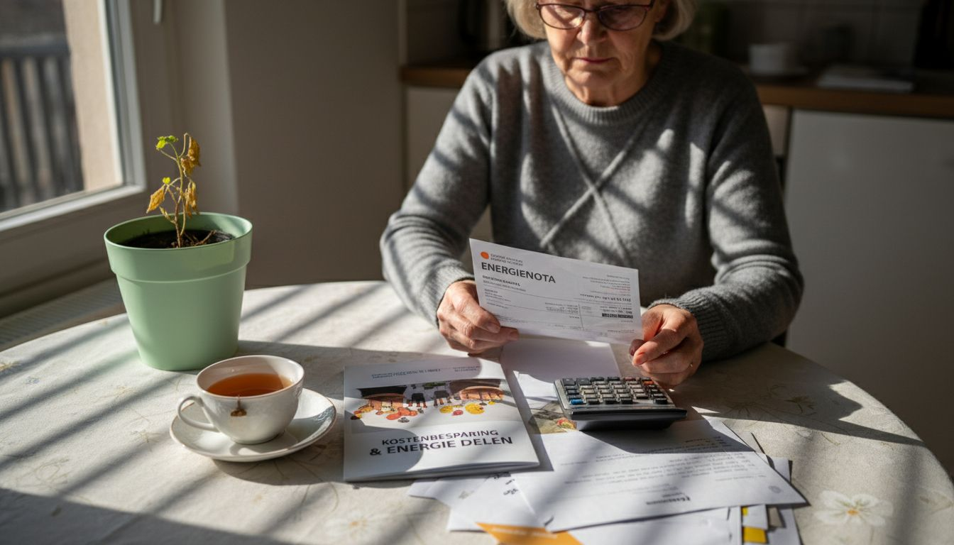 Vrouw rekent uit hoeveel ze bespaart met het delen van energie