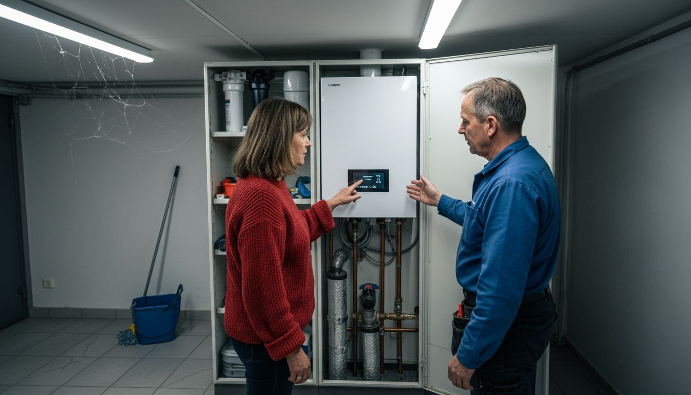 Een vrouw samen met een monteur bij de binnenunit van een warmtepomp