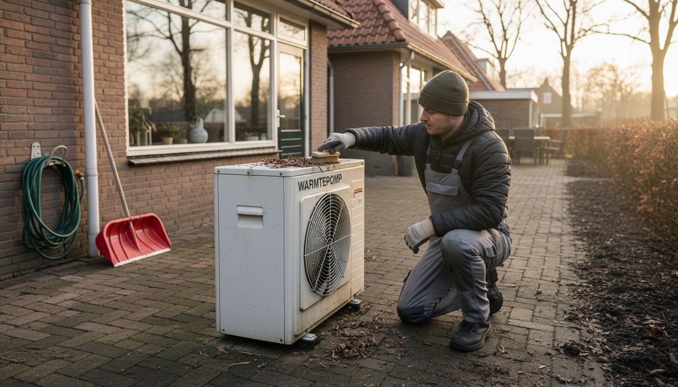 Een onderhoudsmonteur maakt de warmtepomp grondig schoon.