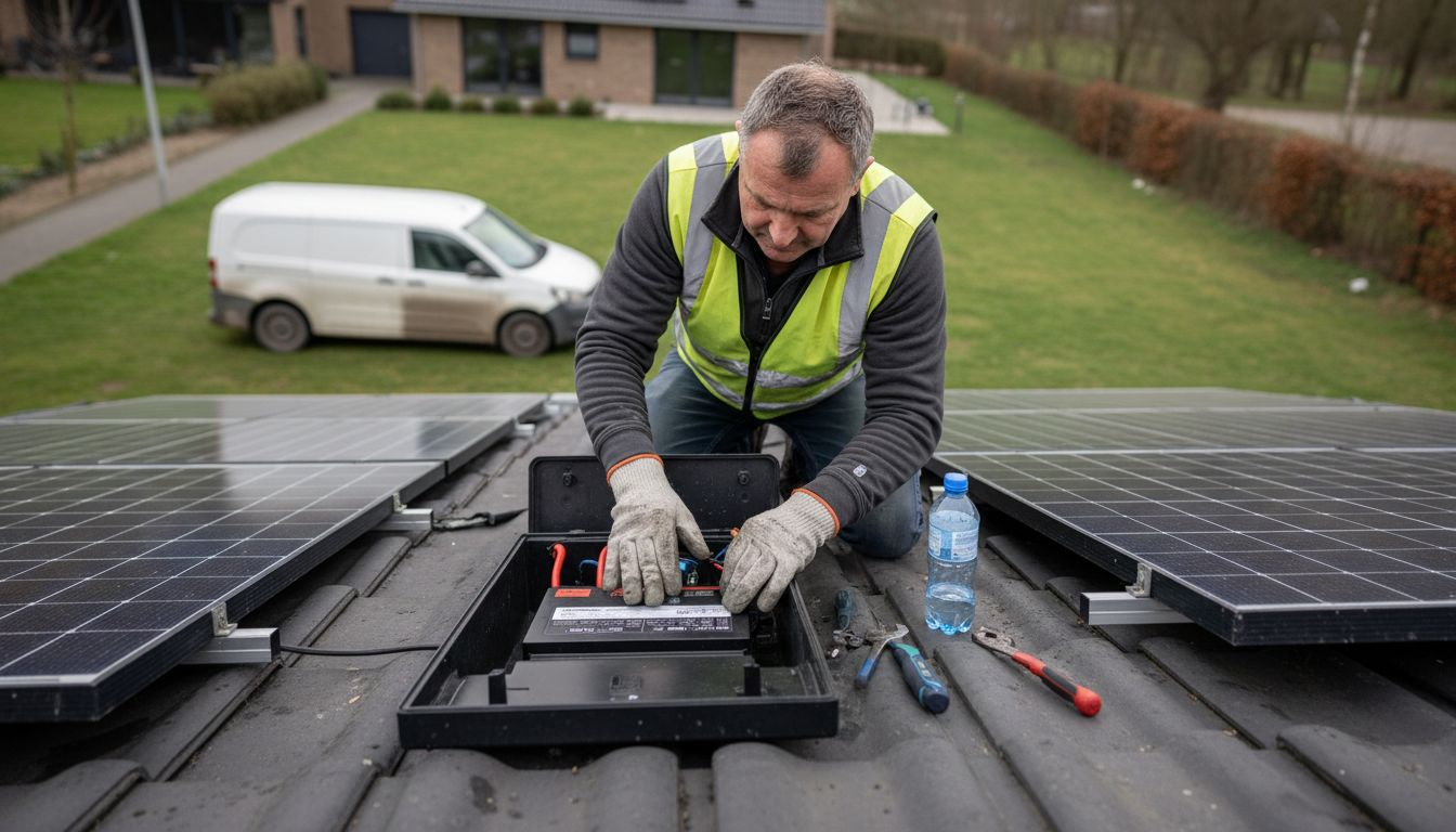 Een installateur komt langs om een thuisbatterij te plaatsen bij de zonnepanelen.