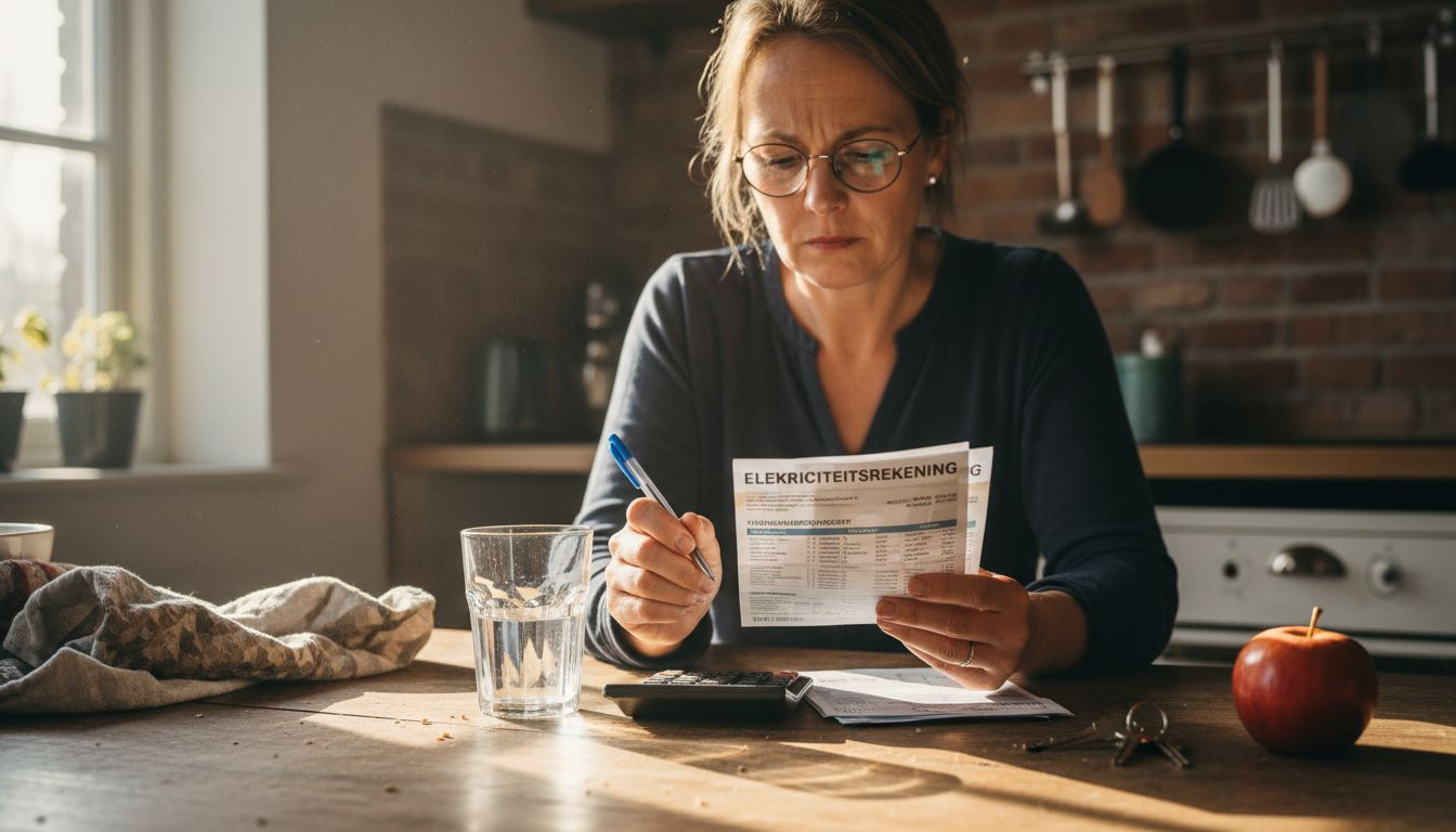 Een woningeigenaar zit aan de keukentafel zijn energierekening door te nemen.