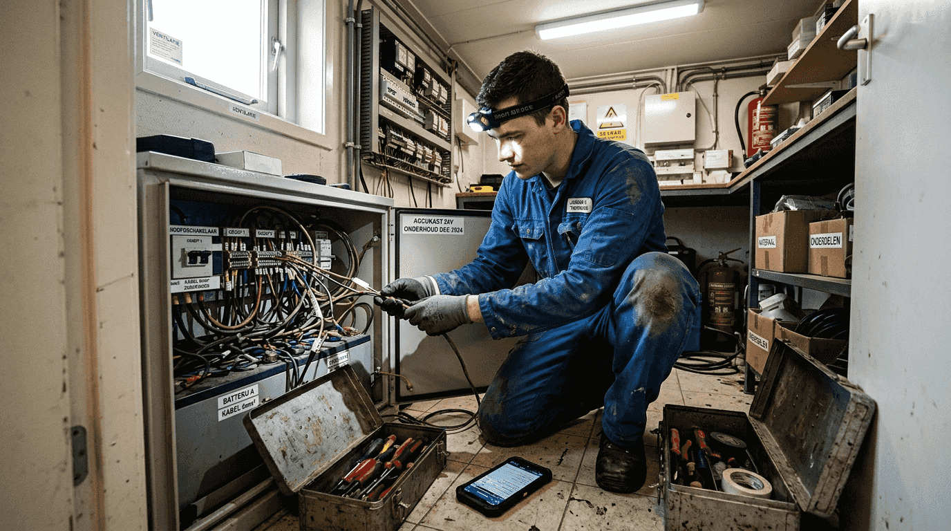 Een technicus is bezig met het optimaliseren van het batterijmanagementsysteem.