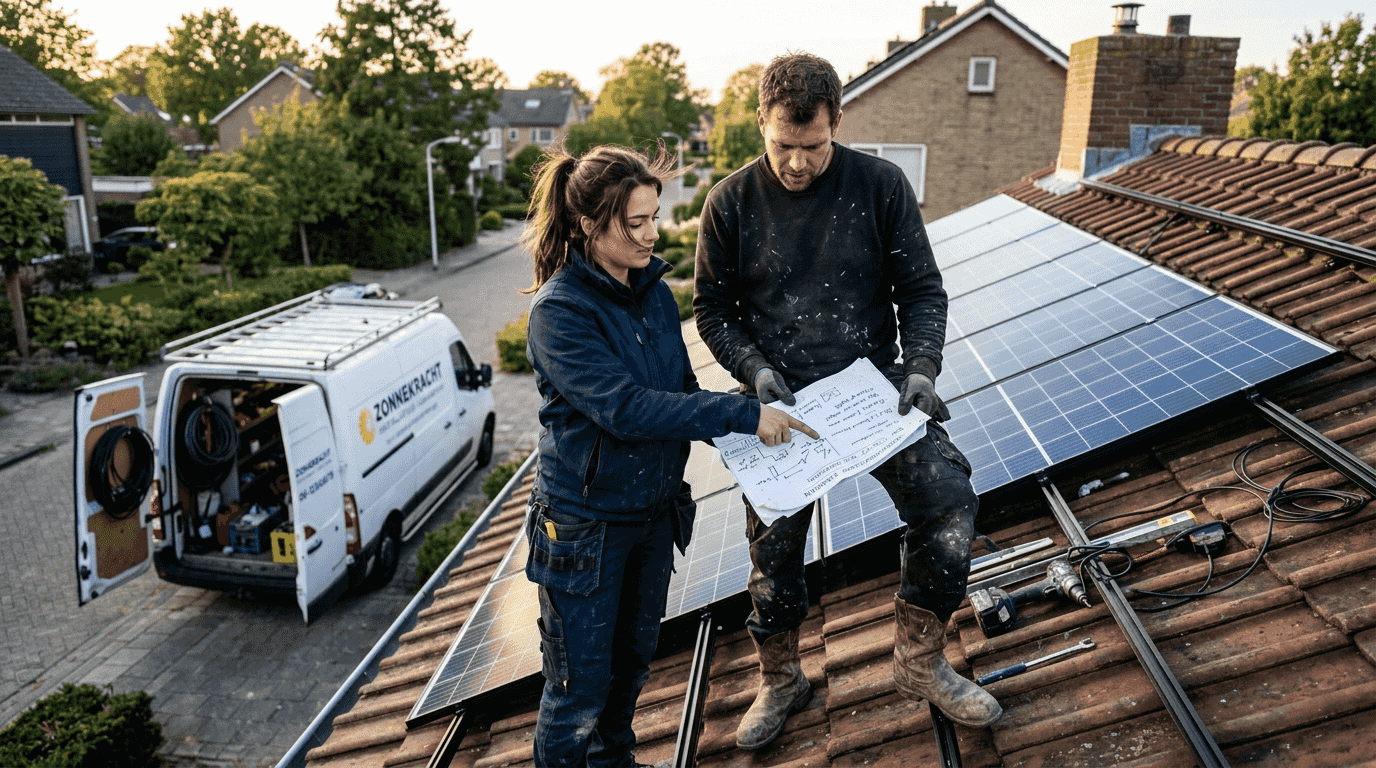 Monteurs overleggen over de voortgang van het plaatsen van zonnepanelen.
