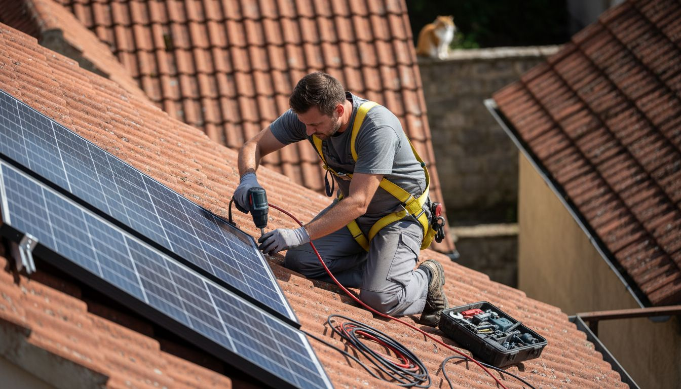 Een installateur is bezig met het plaatsen van zonnepanelen op het dak.