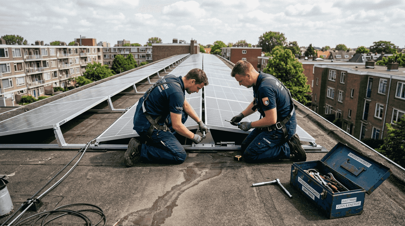 Monteurs zijn bezig met het afstellen van zonnepanelen op een plat dak.
