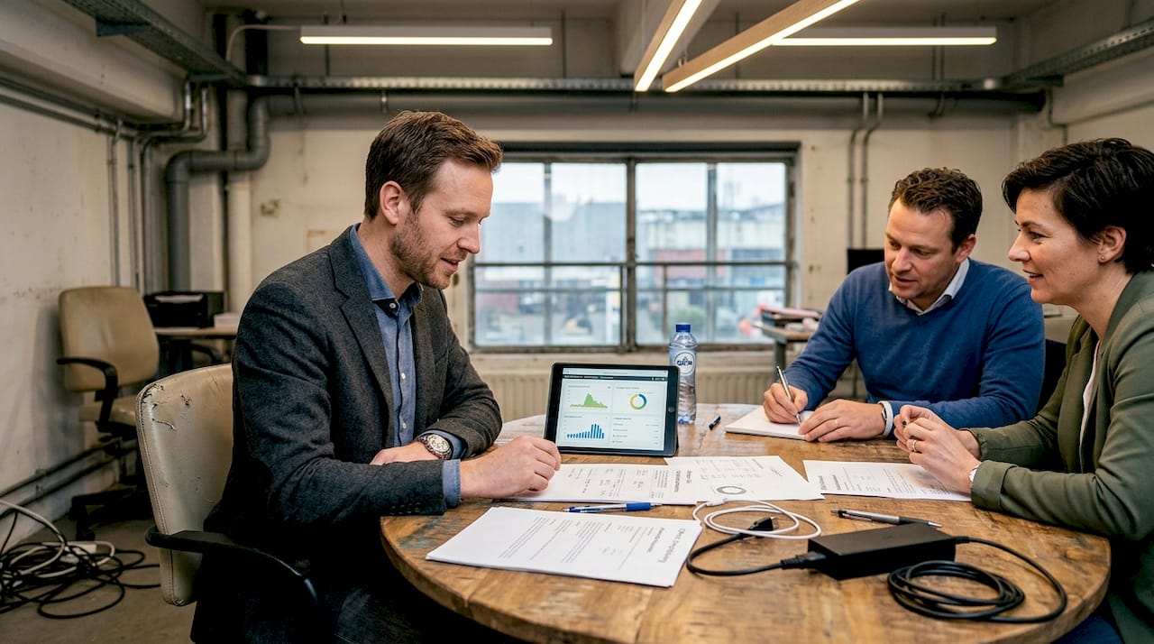Een adviseur bespreekt samen met een KMO de resultaten van een energieaudit en kijkt naar mogelijkheden om het energieverbruik te verminderen.