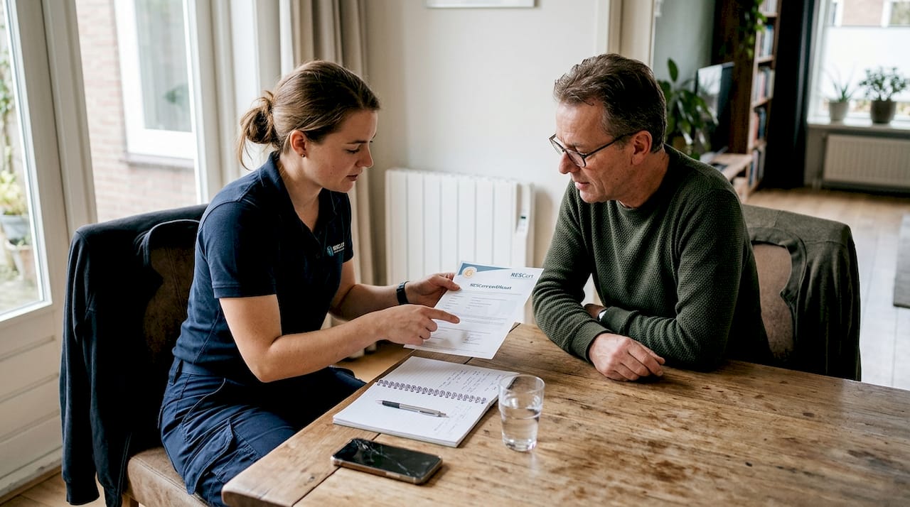 De installateur laat zijn RESCert-certificaat aan de klant zien als bewijs van zijn vakbekwaamheid.