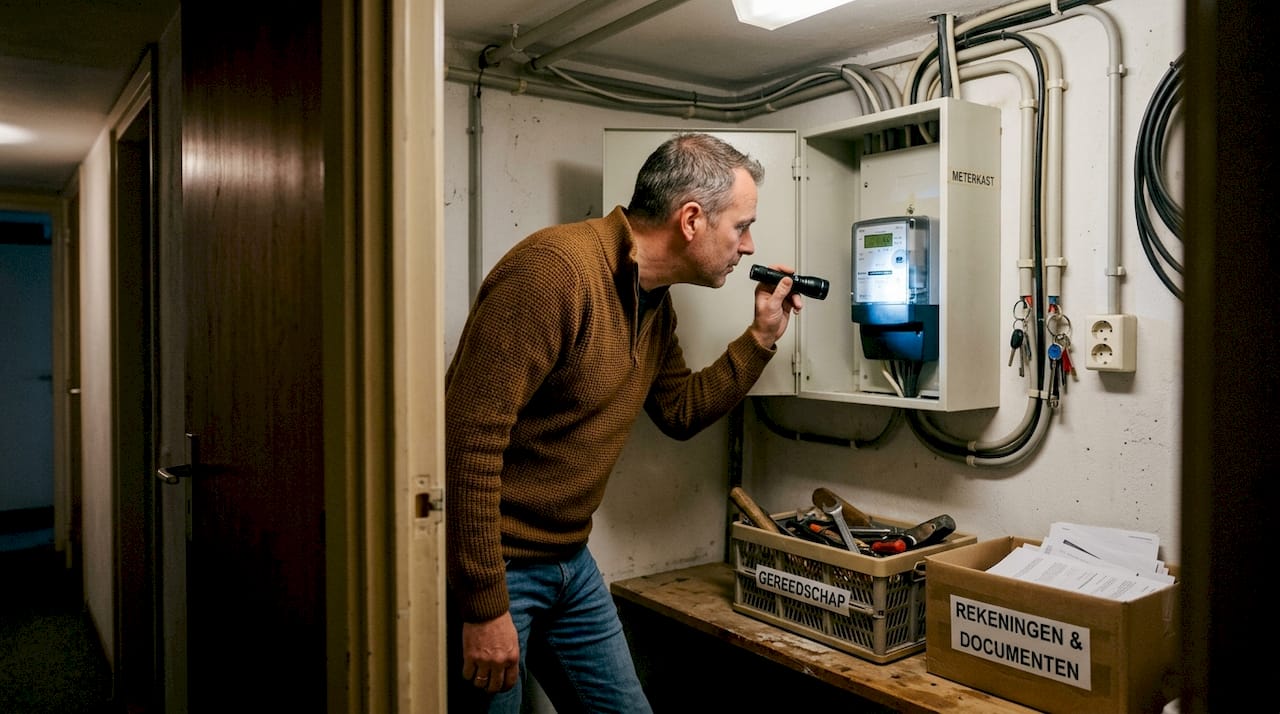Man controleert de stroommeter in een volle, rommelige kelder
