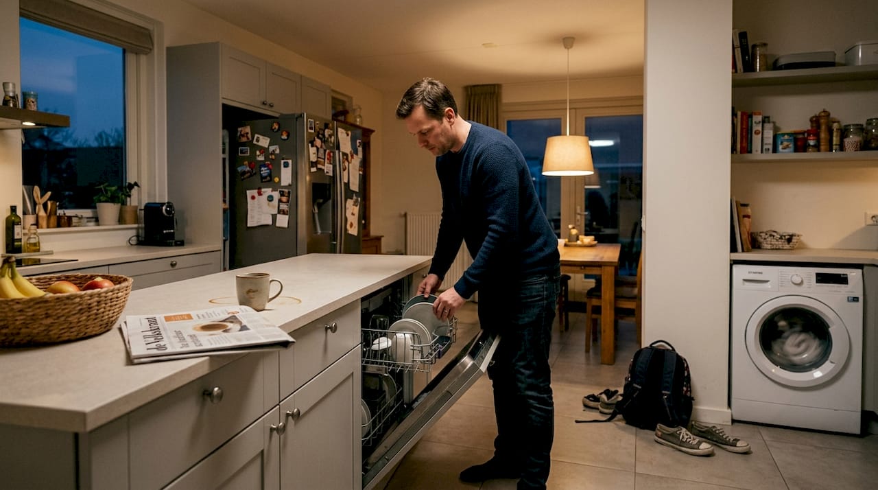 Een man is druk bezig in de keuken en maakt gebruik van verschillende apparaten.