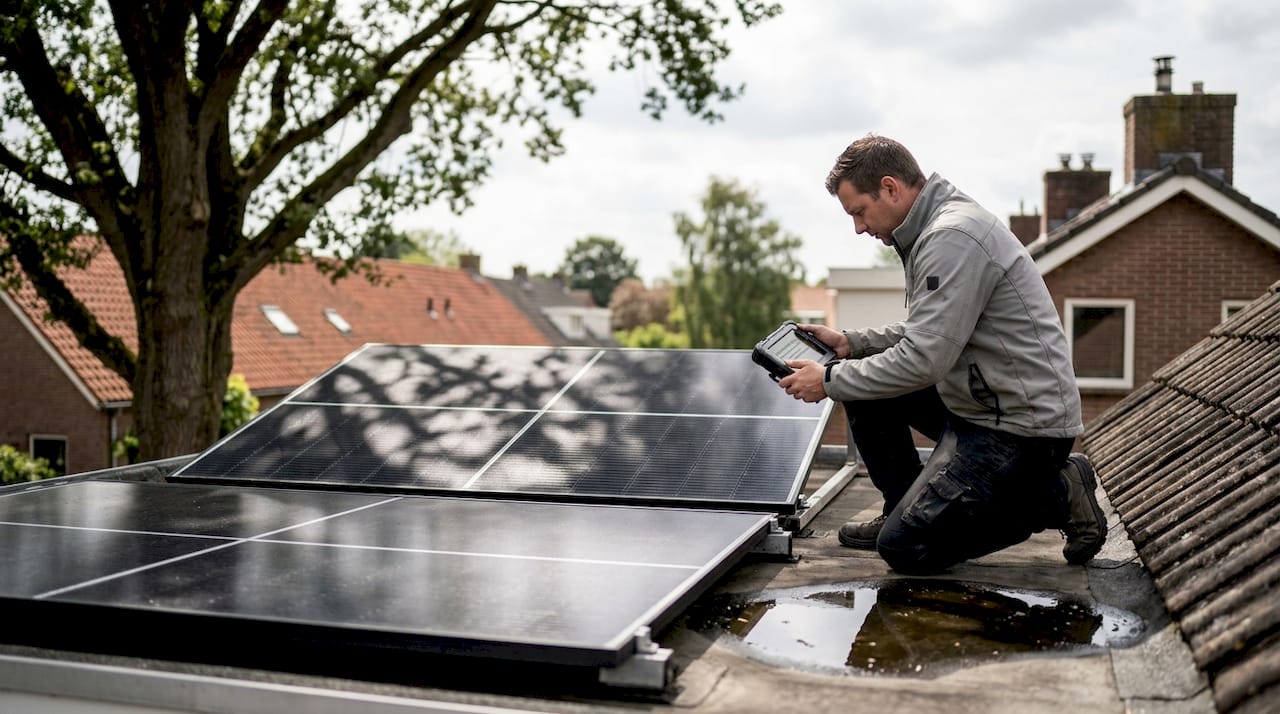 Zonnepaneel deels in de schaduw op het dak