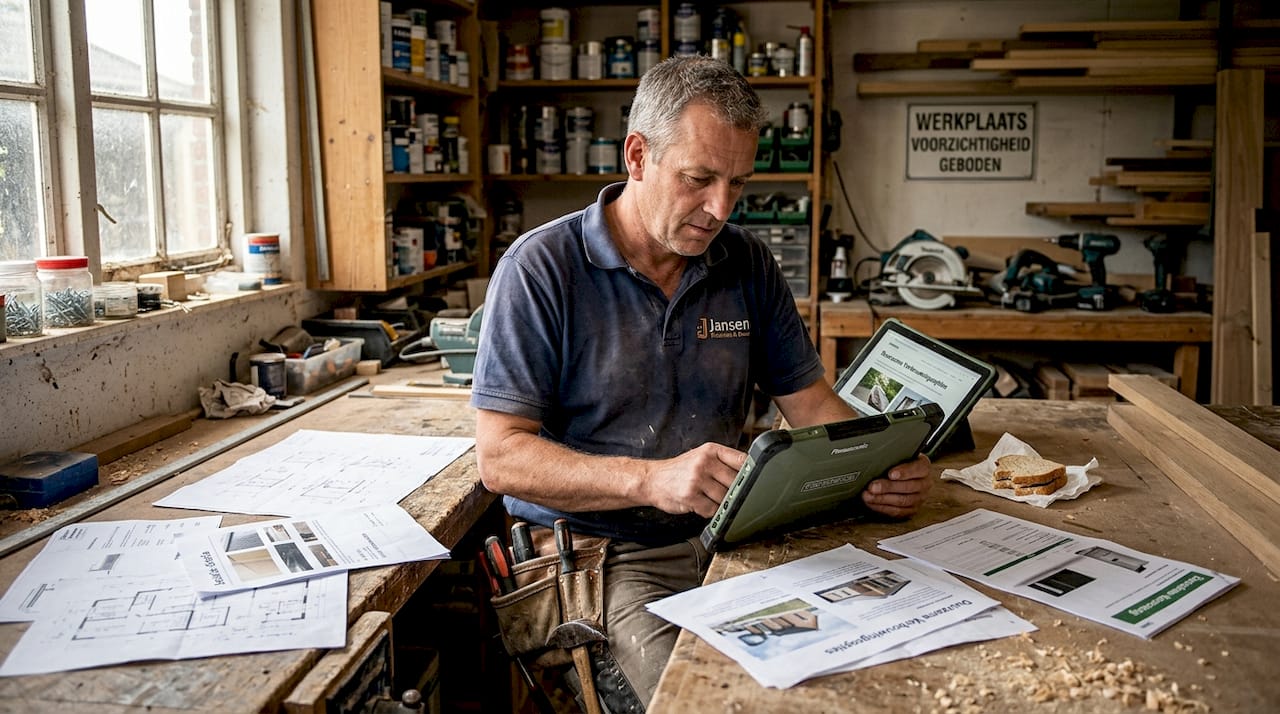 Een zelfstandig ondernemer kijkt de renovatieplannen nog eens zorgvuldig door.