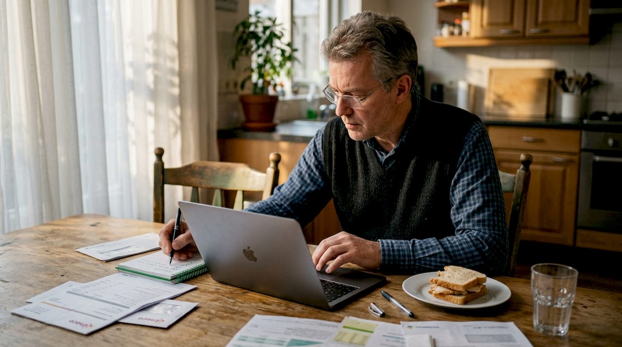 Huiseigenaar legt energiebesparingsadviezen naast elkaar aan de keukentafel
