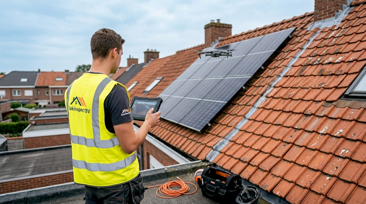 Een technicus inspecteert zonnepanelen met behulp van een drone.