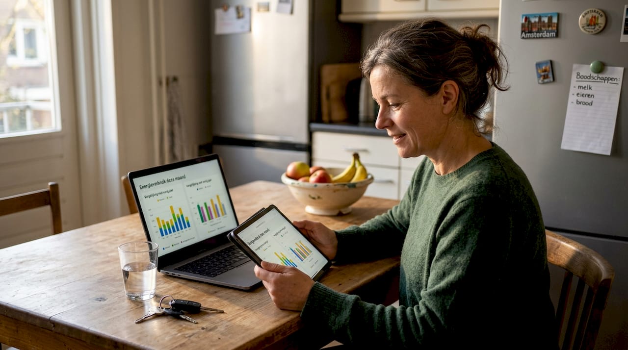 Aan de keukentafel bekijkt een vrouw haar energieverbruik op het dashboard.