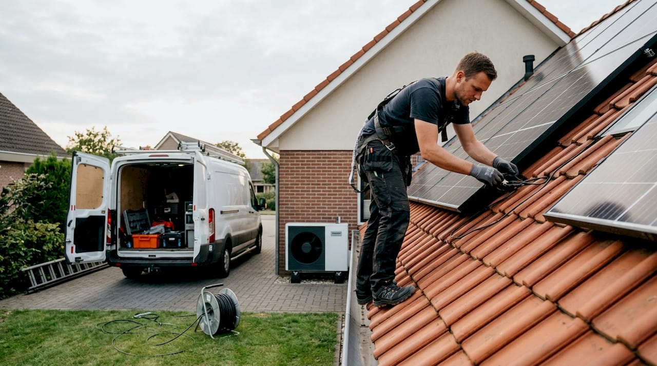 De installateur sluit de zonnepanelen aan, terwijl de warmtepomp goed zichtbaar is.