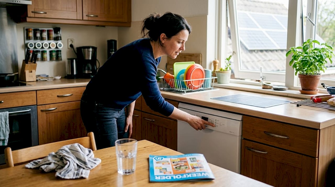 Een vrouw laat haar vaatwasser overdag draaien om optimaal gebruik te maken van haar zonnepanelen.