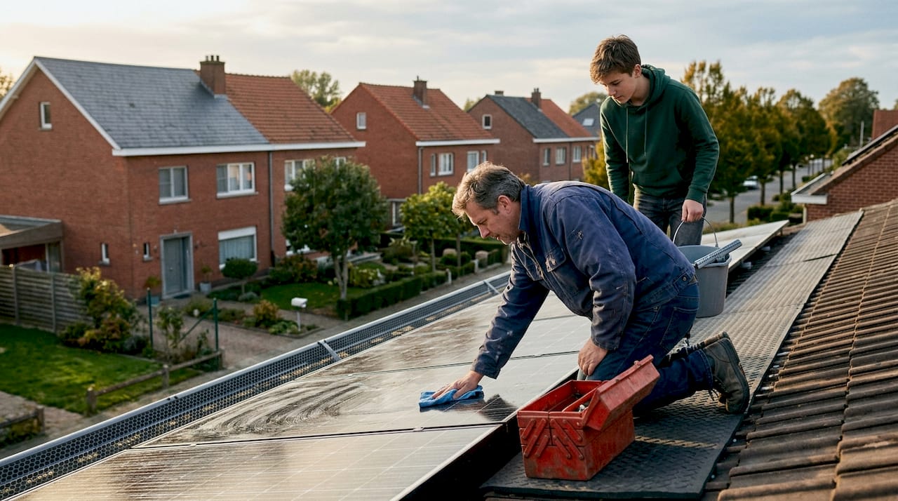 Een gezin dat samen de zonnepanelen op het dak schoonmaakt en onderhoudt.
