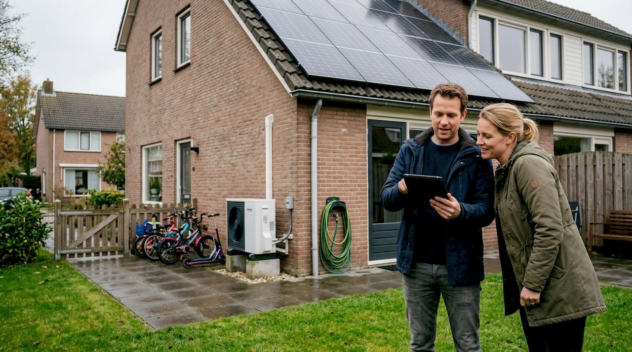 Een stel bekijkt samen een tablet bij de zonnepanelen en de warmtepomp.