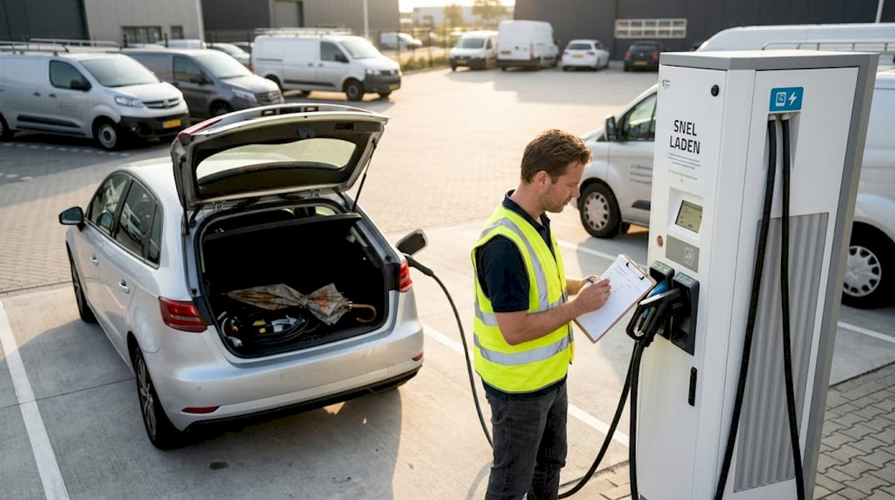Een monteur controleert de laadpaal voor elektrische auto's op het bedrijventerrein.