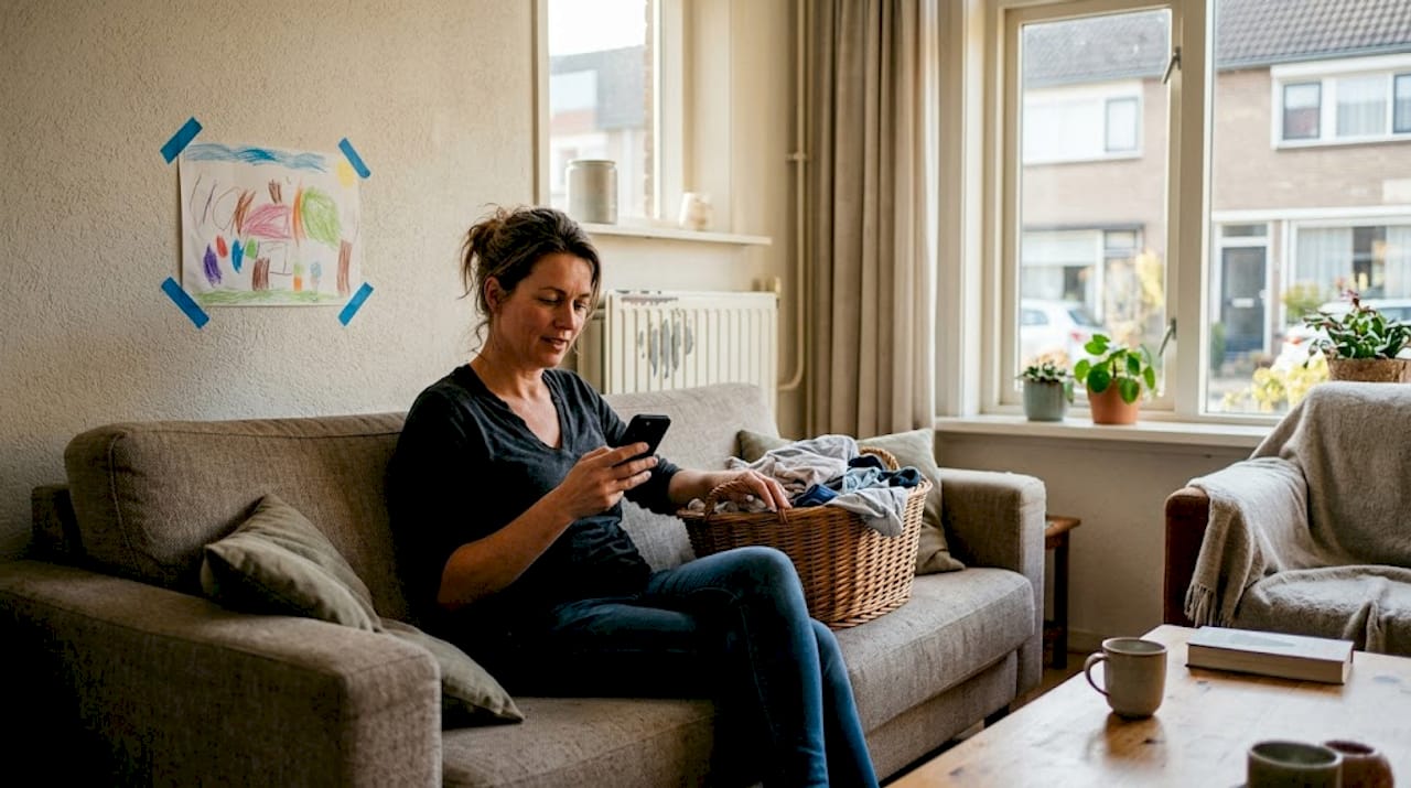 Vrouw bekijkt haar energieverbruik via een app op haar telefoon.