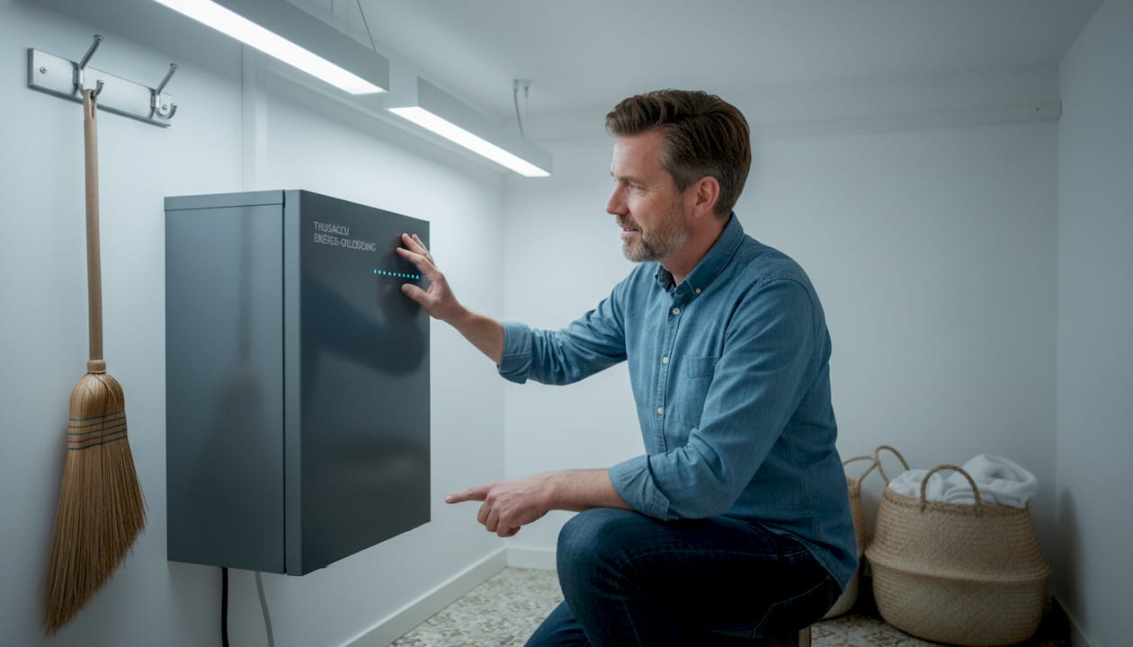 Een man bekijkt de status van zijn thuisbatterij in de bijkeuken.