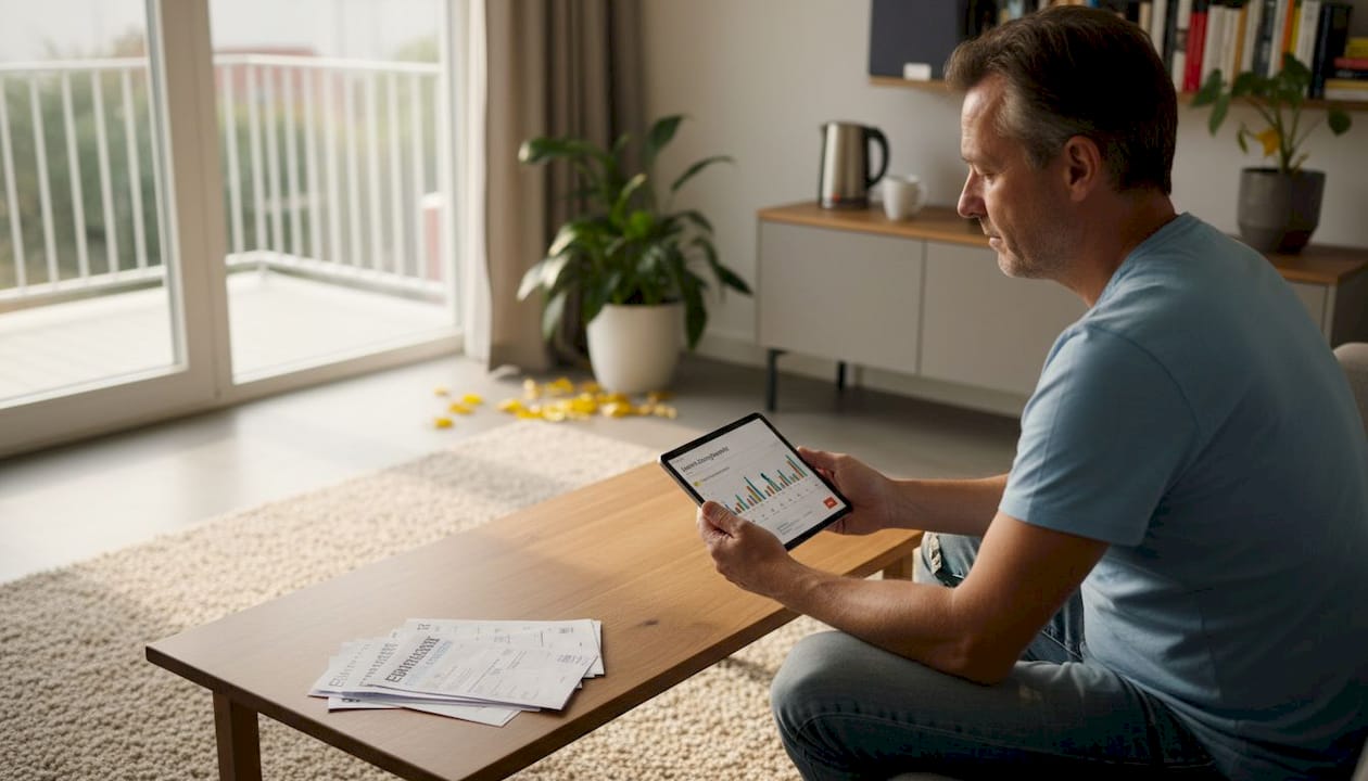 Man houdt zijn energieverbruik in de woonkamer nauwlettend in de gaten.
