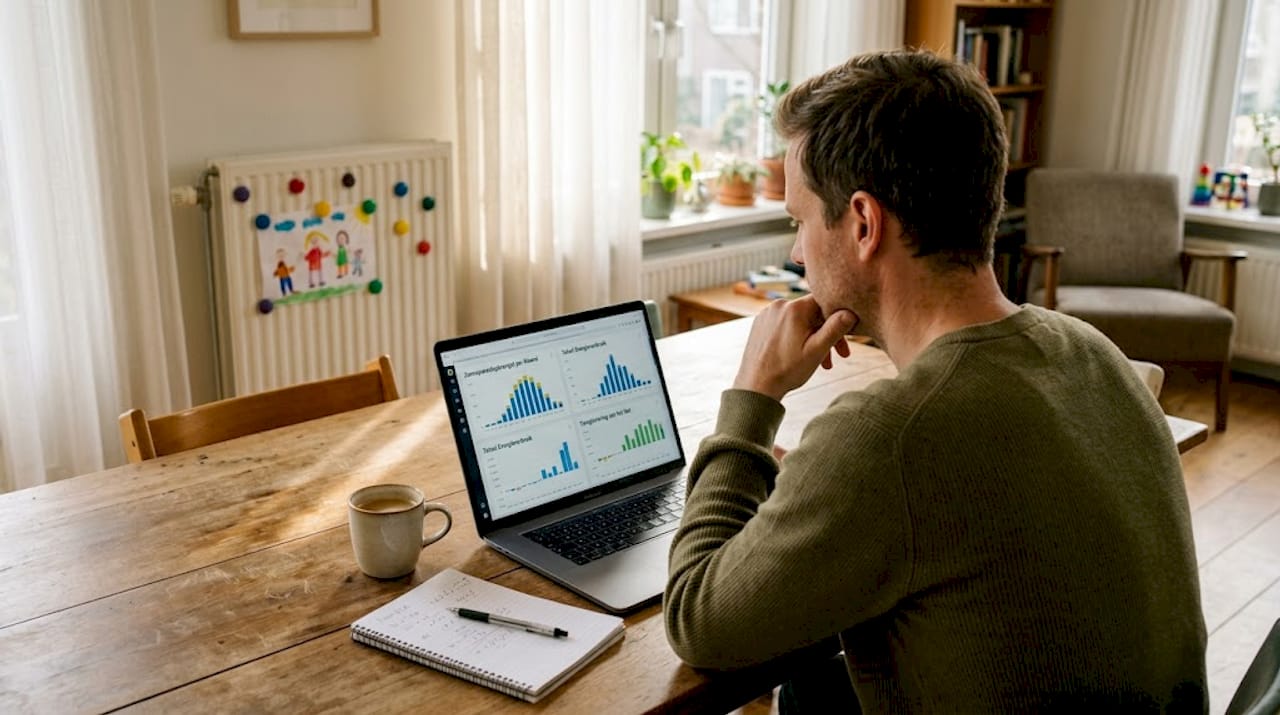 Man checkt de opbrengst van zijn zonnepanelen op zijn laptop