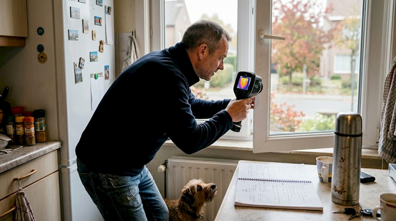 Man inspecteert raam met een warmtebeeldcamera