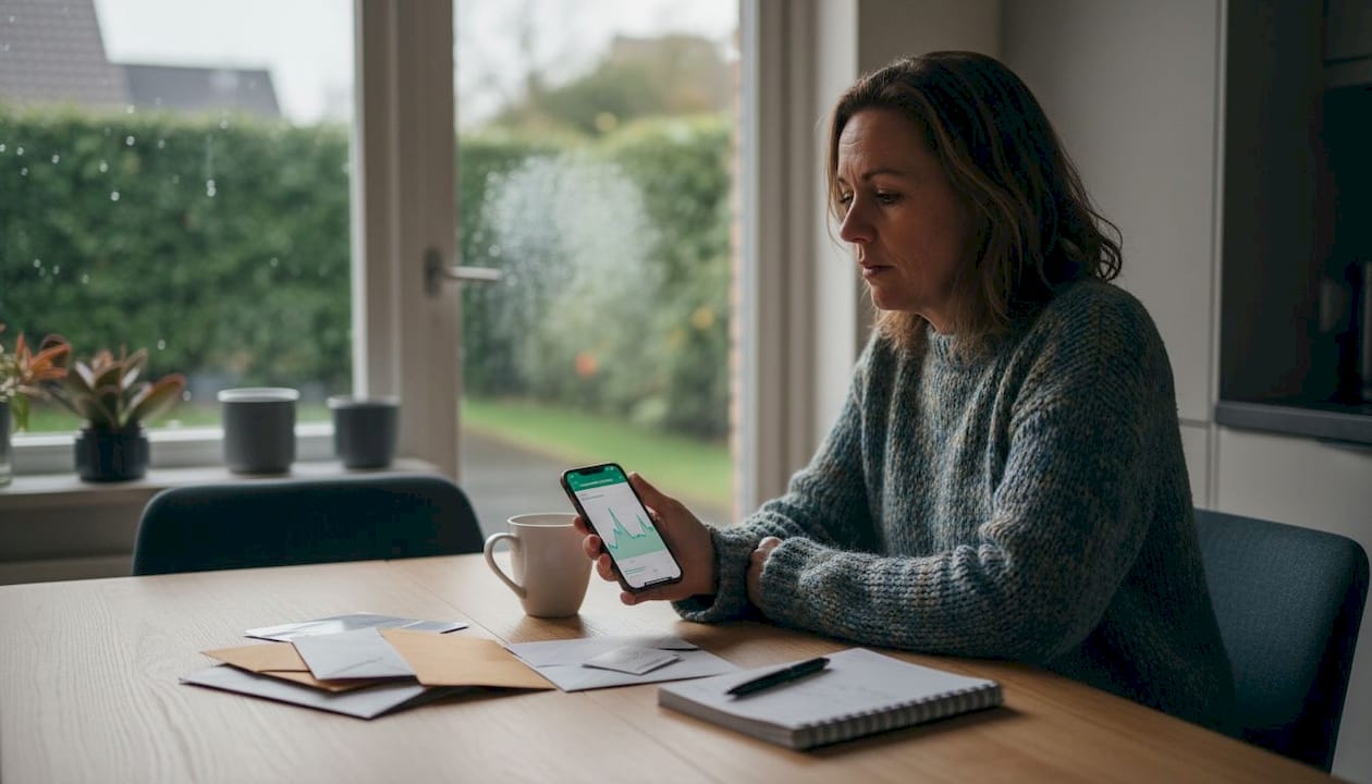 Zittend aan de eettafel bekijkt een vrouw haar energieverbruik op haar telefoon.
