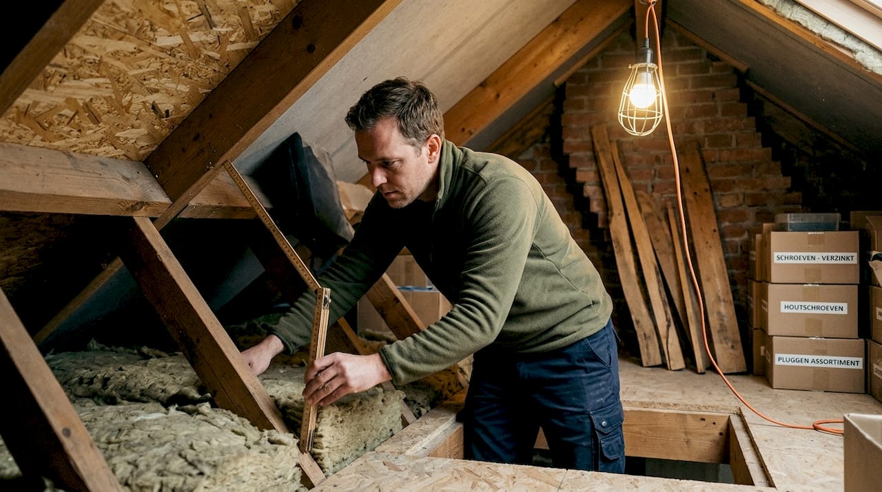 Man controleert de isolatie op de zolder van zijn huis