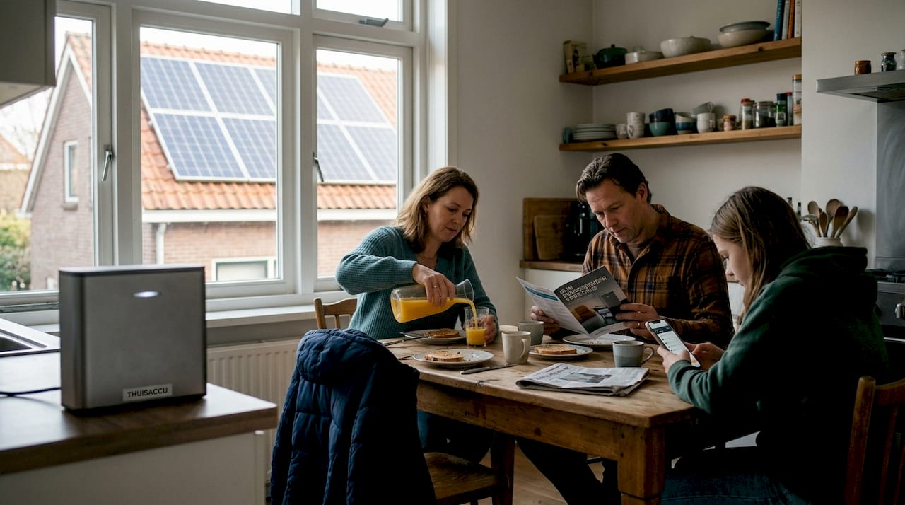 Een gezin zit gezellig aan de eettafel, met uitzicht op de zonnepanelen op het dak.