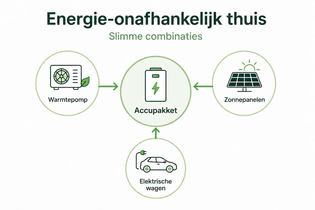 Infographic met het accupakket als het hart van het systeem, waarbij verschillende combinaties worden weergegeven.
