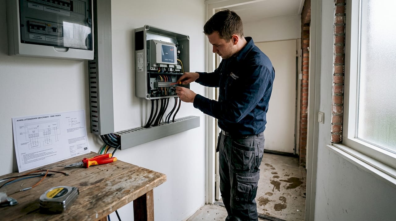 De installateur heeft een driefasen-omvormer in de bijkeuken geplaatst.